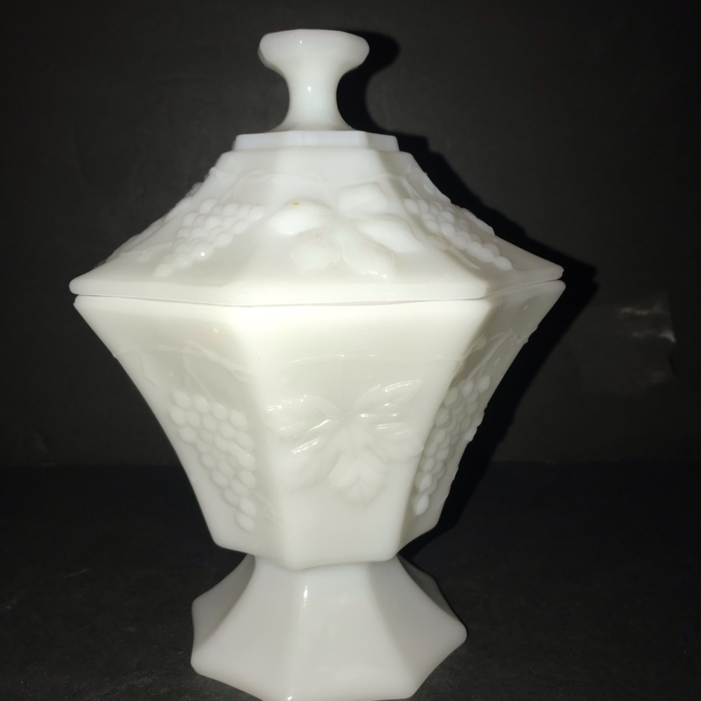 Vintage Anchor Hocking White Milk Glass Grapevine Design Covered Candy Dish 8"